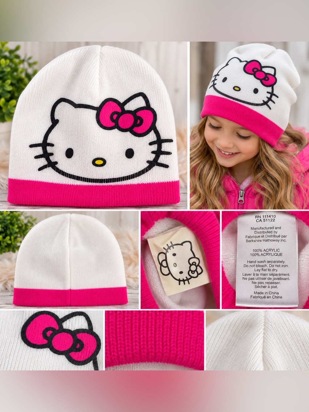 Hello Kitty White and Hot Pink Knit Beanie for Kids